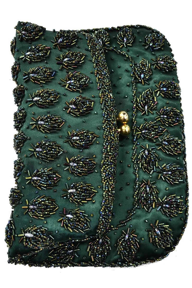 1960s Vintage Green Heavily Beaded Handbag Clutch Evening Bag