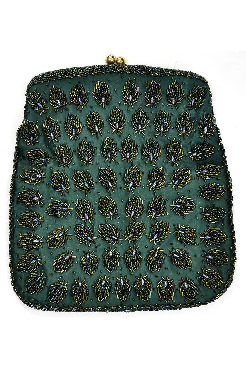 1960s Vintage Green Heavily Beaded Handbag Clutch Evening Bag