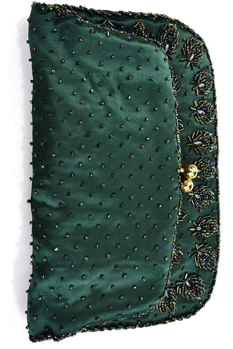 1960s Vintage Green Heavily Beaded Handbag Clutch Evening Bag