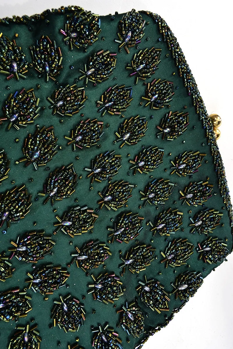 1960s Vintage Green Heavily Beaded Handbag Clutch Evening Bag