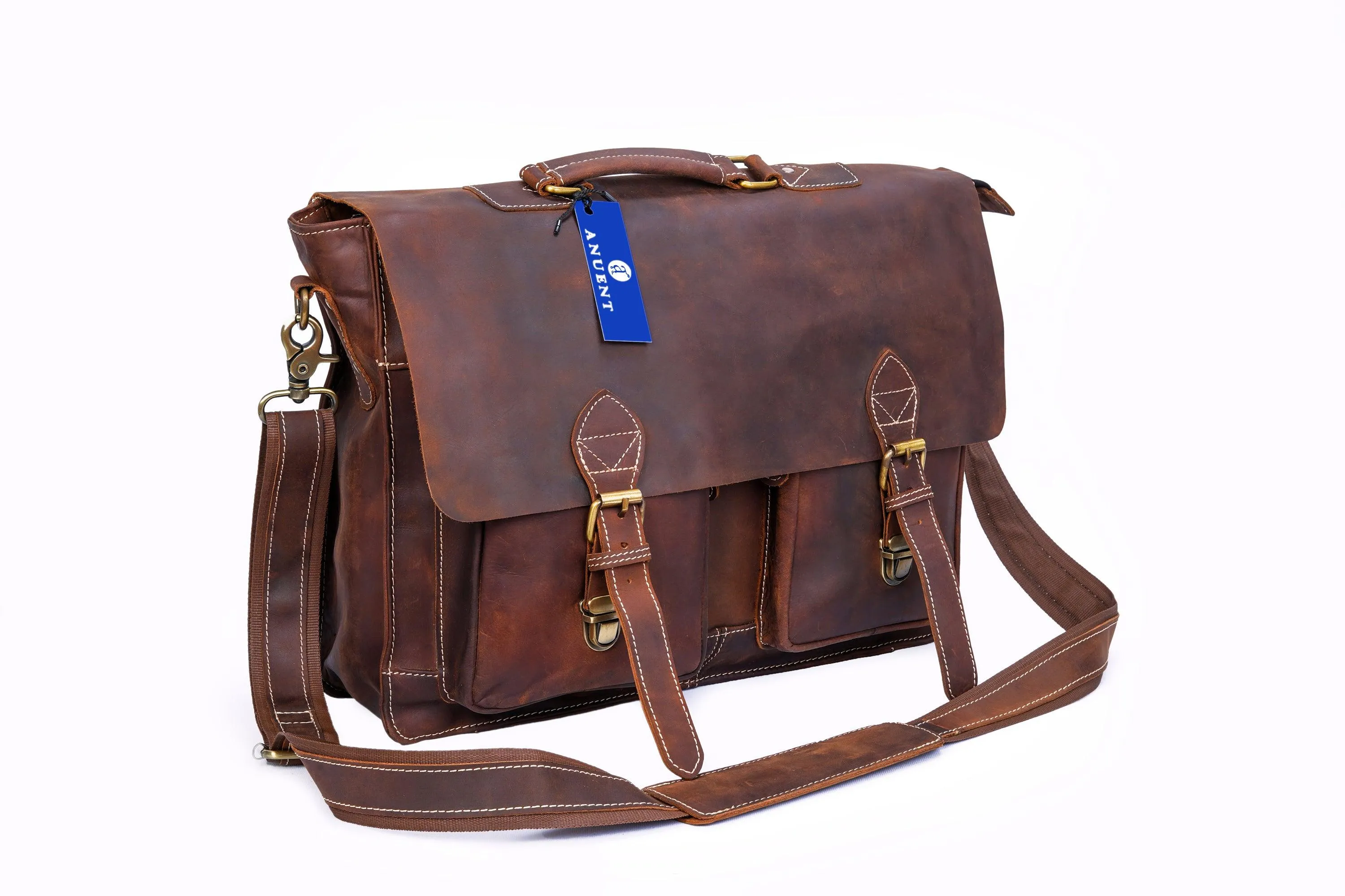 Anuent Handmade Brown Leather Laptop Bag With 2 Pockets.