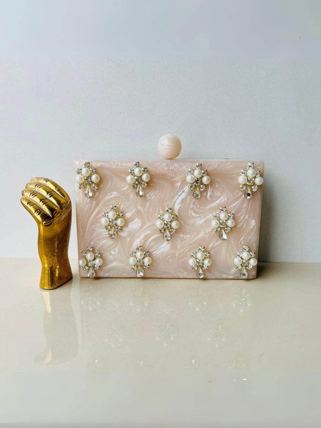 Beige Embellished Clutch With Sling