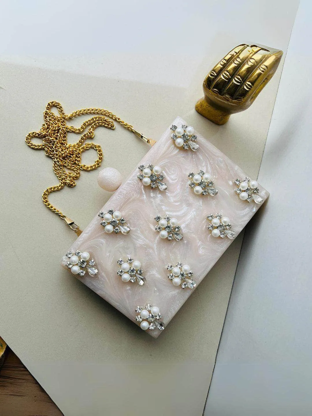 Beige Embellished Clutch With Sling