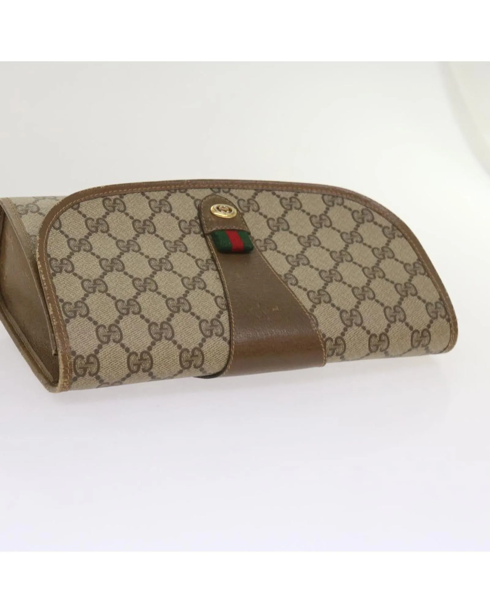 Beige Green Red GG Canvas Clutch Bag with Web Detail by Gucci