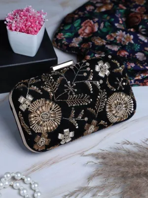 Black Floral Heavy Embroidered Clutch