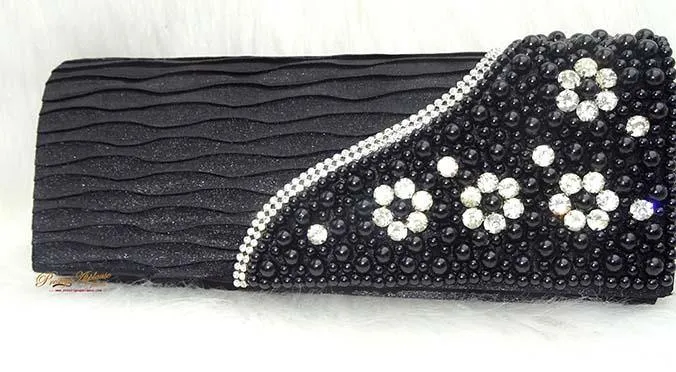 Black Simply Party Evening Clutch with Pearl Embelishment Evening Party Wedding Purse