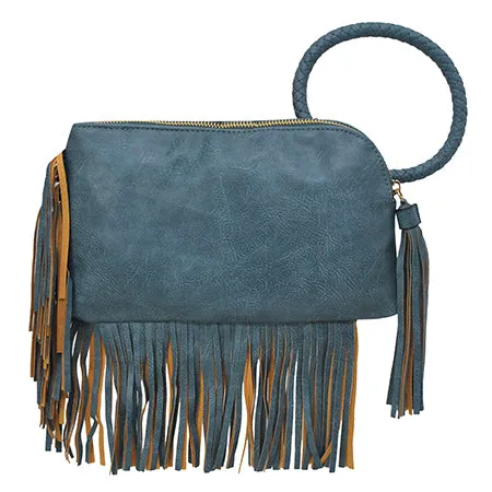 Blue NGIL Faux Leather Fringe Wristlet