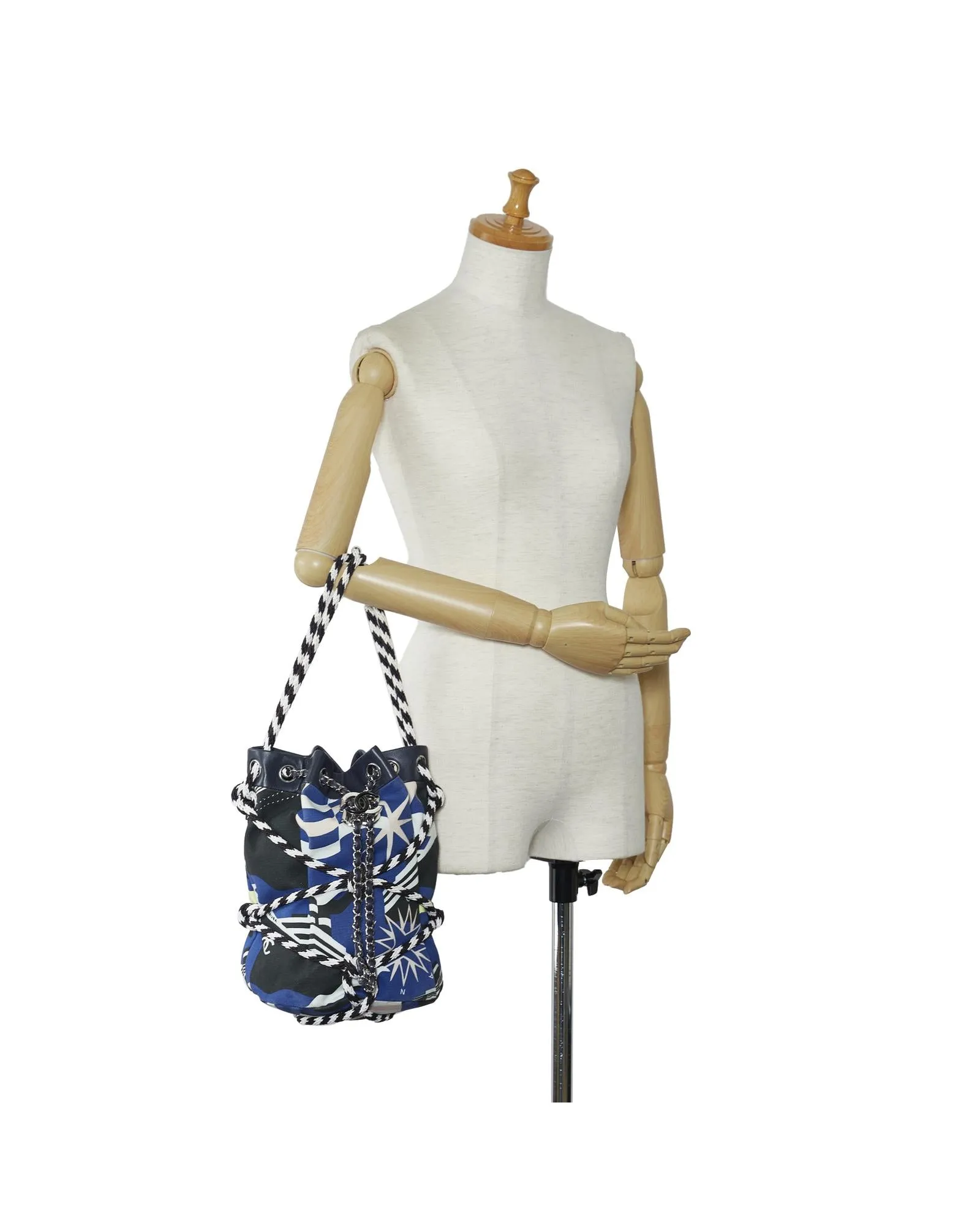 Canvas Bucket Bag with Leather Trim and Drawstring Closure