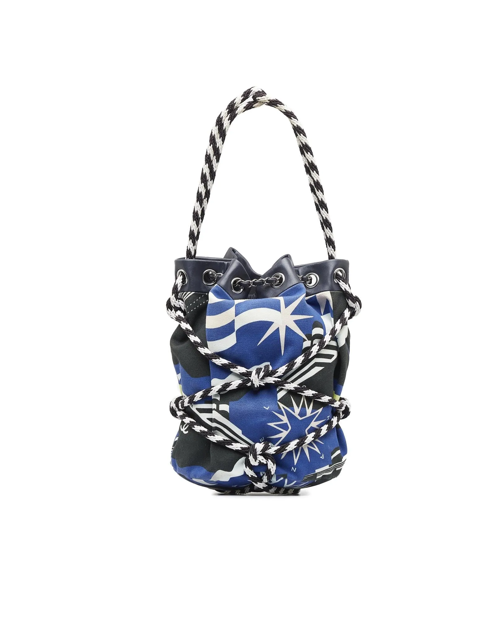 Canvas Bucket Bag with Leather Trim and Drawstring Closure