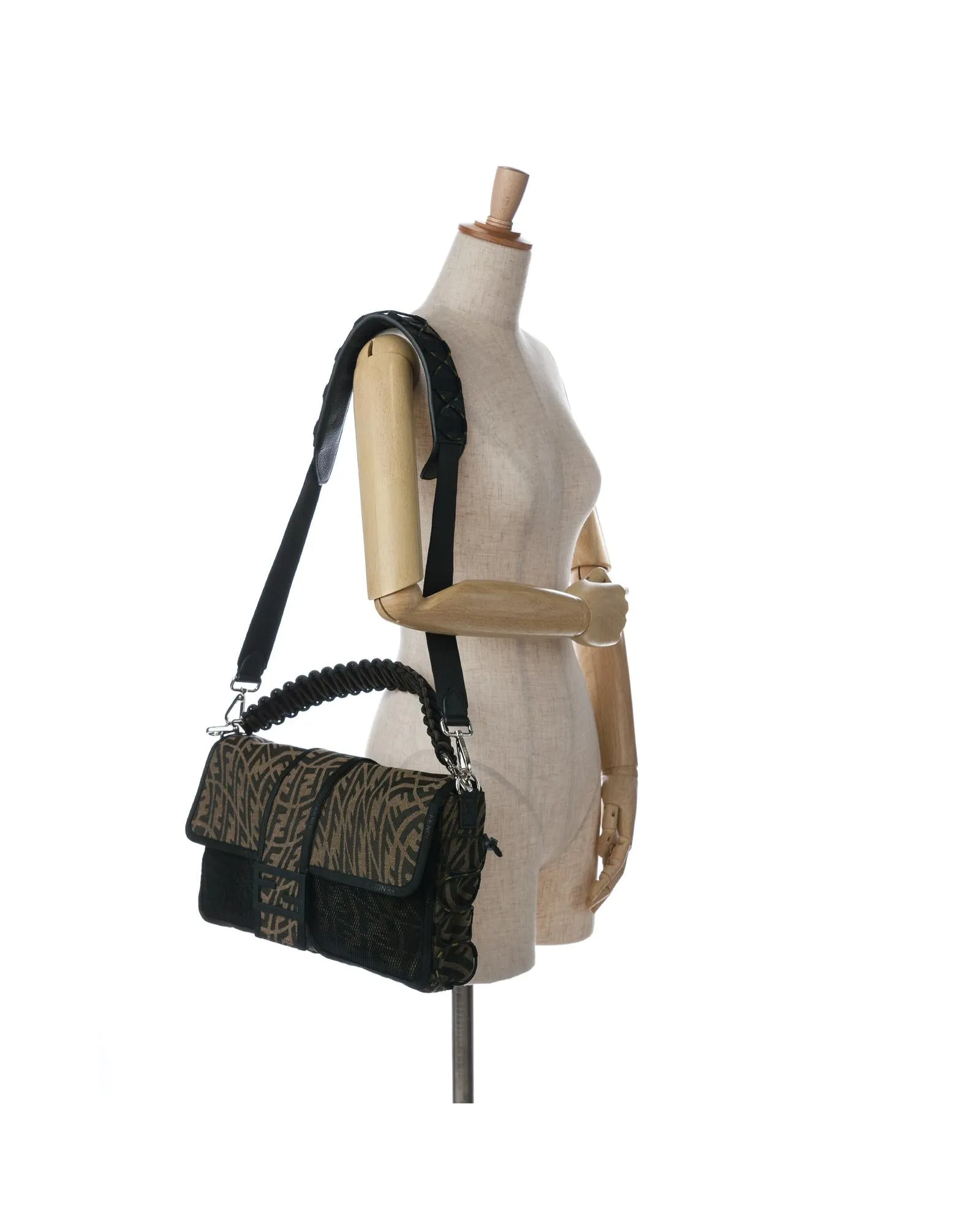 Canvas Mesh Baguette Satchel with Leather Strap