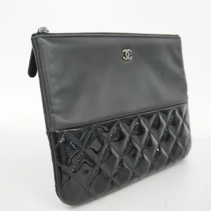 CHANEL  Matelasse Women's Leather,Patent Leather Clutch Bag Black