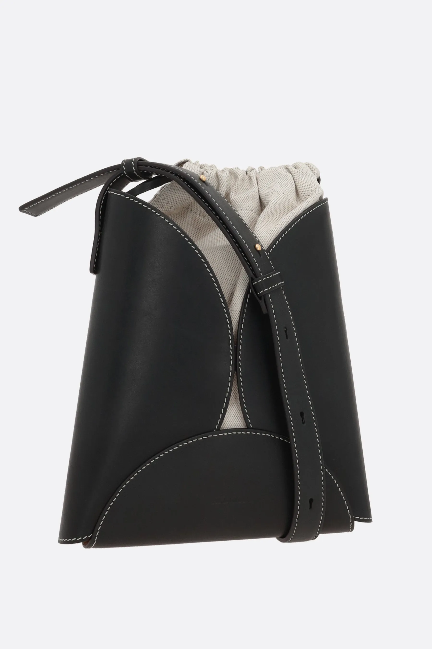 Curve small smooth leather and canvas bucket bag