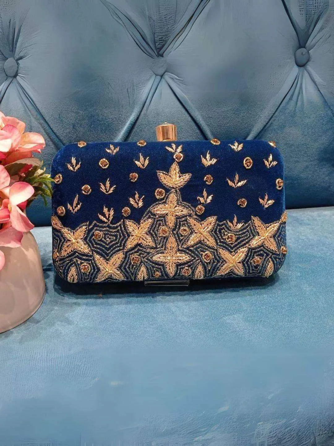 Deep Blue Sequins And Zari Embroidery Clutch