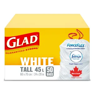 Glad White Garbage Bags - Tall 45 Litres - ForceFlex, Drawstring, with Febreze Fresh Clean Scent, 50 Trash Bags, Made in Canada of Global Components