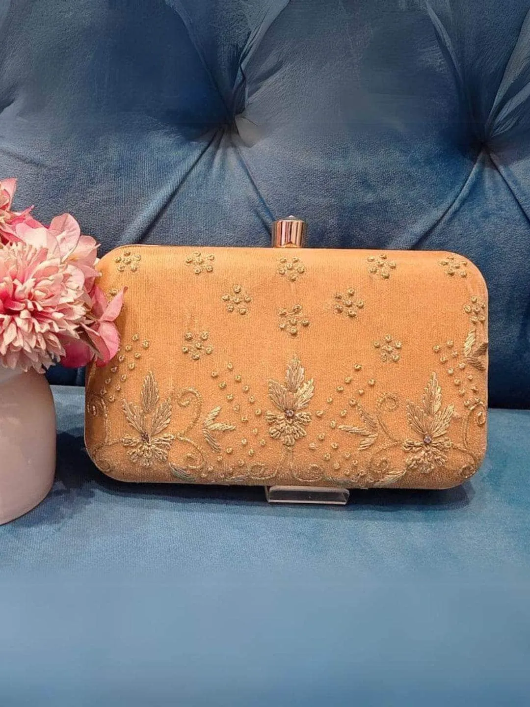 Gold Velvet Zardosi Metal Box Clutch