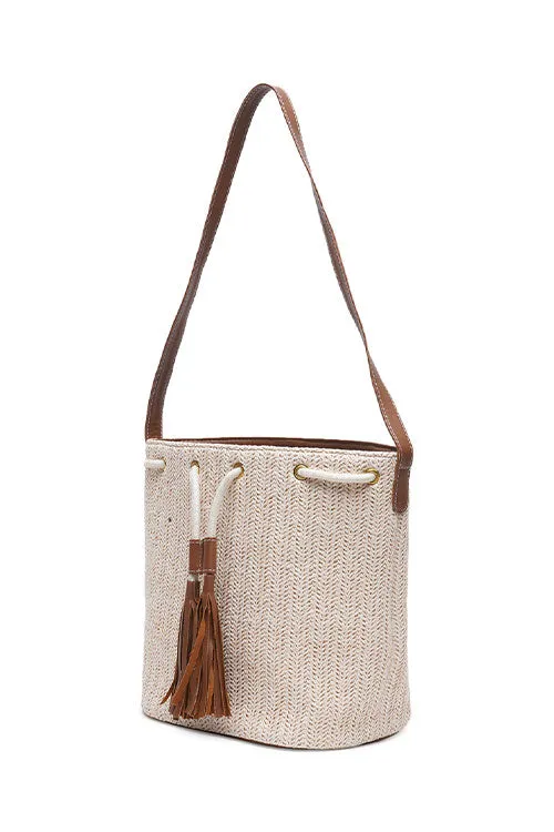 Ivory Raffia Drawstring Bucket Bag