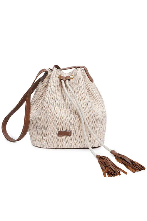 Ivory Raffia Drawstring Bucket Bag