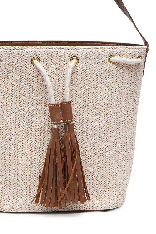 Ivory Raffia Drawstring Bucket Bag