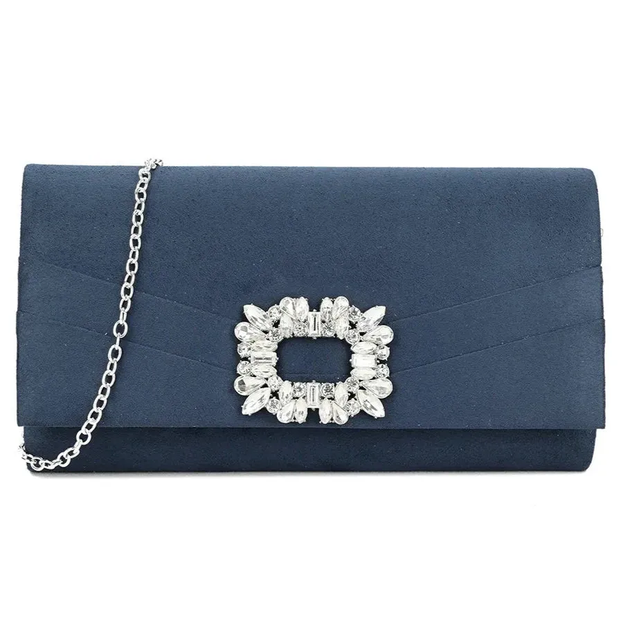 Koko Suedette Clutch Bag with Diamante Detail in Navy