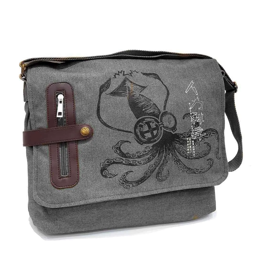 Laptop Bag - Science Squid Black on Gray Canvas Messenger Bag by Namu