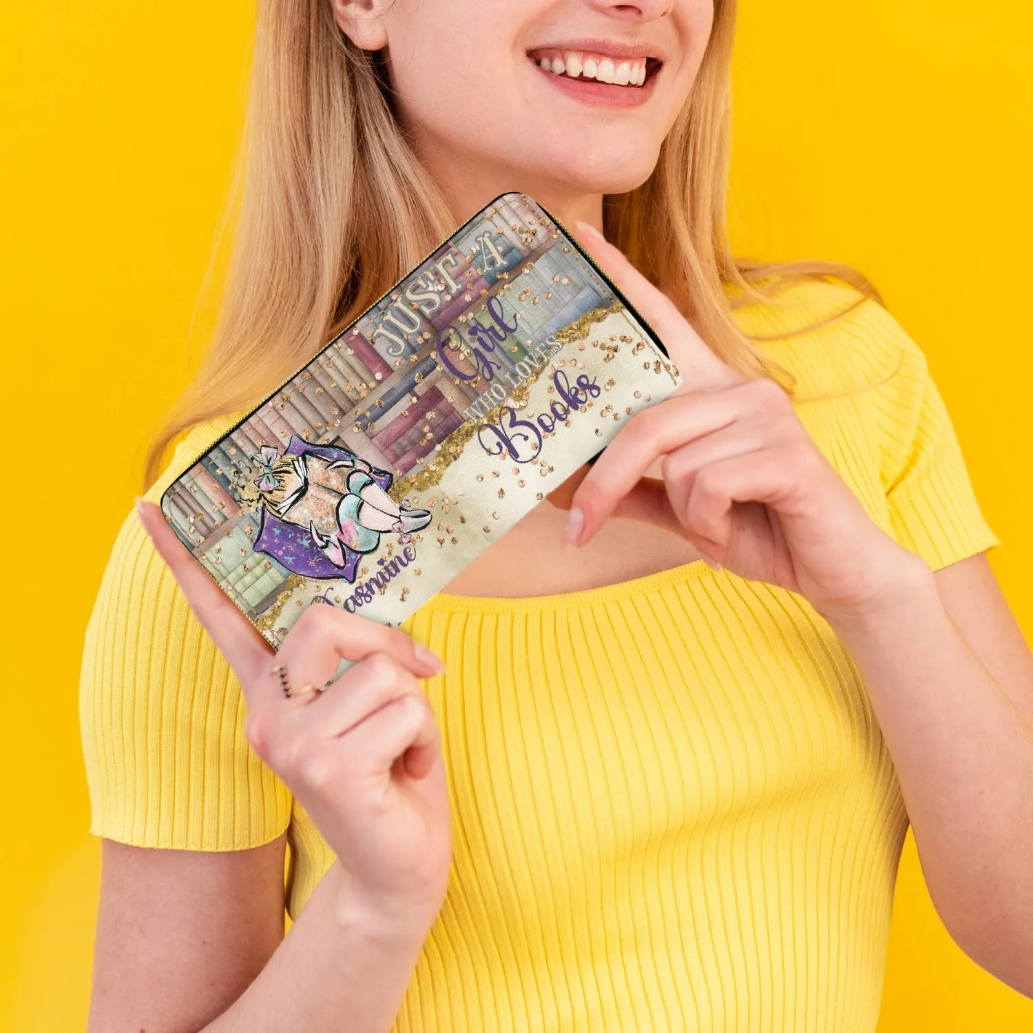 Long Type Zipper Purse, Just a Girl Who Loves Books, Blonde Hair