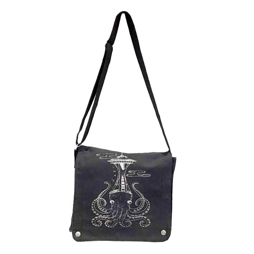 Messenger Bag - White Octopus Space Needle on Black Canvas Bag by Namu