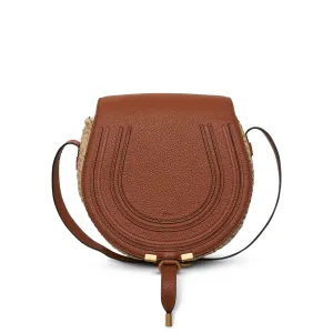 Mini Marcie Saddle Bag in Raffia & Calfskin in Tan