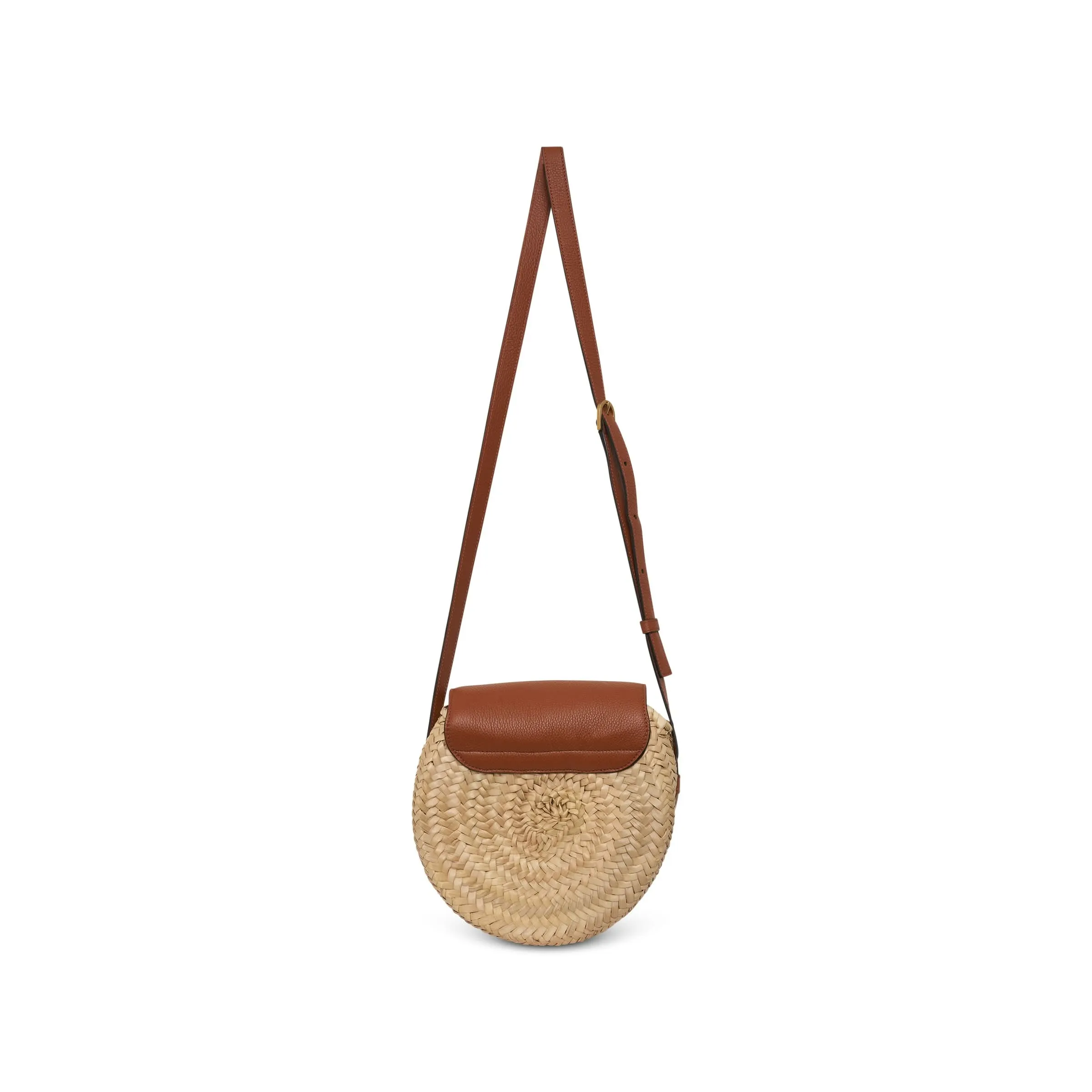 Mini Marcie Saddle Bag in Raffia & Calfskin in Tan