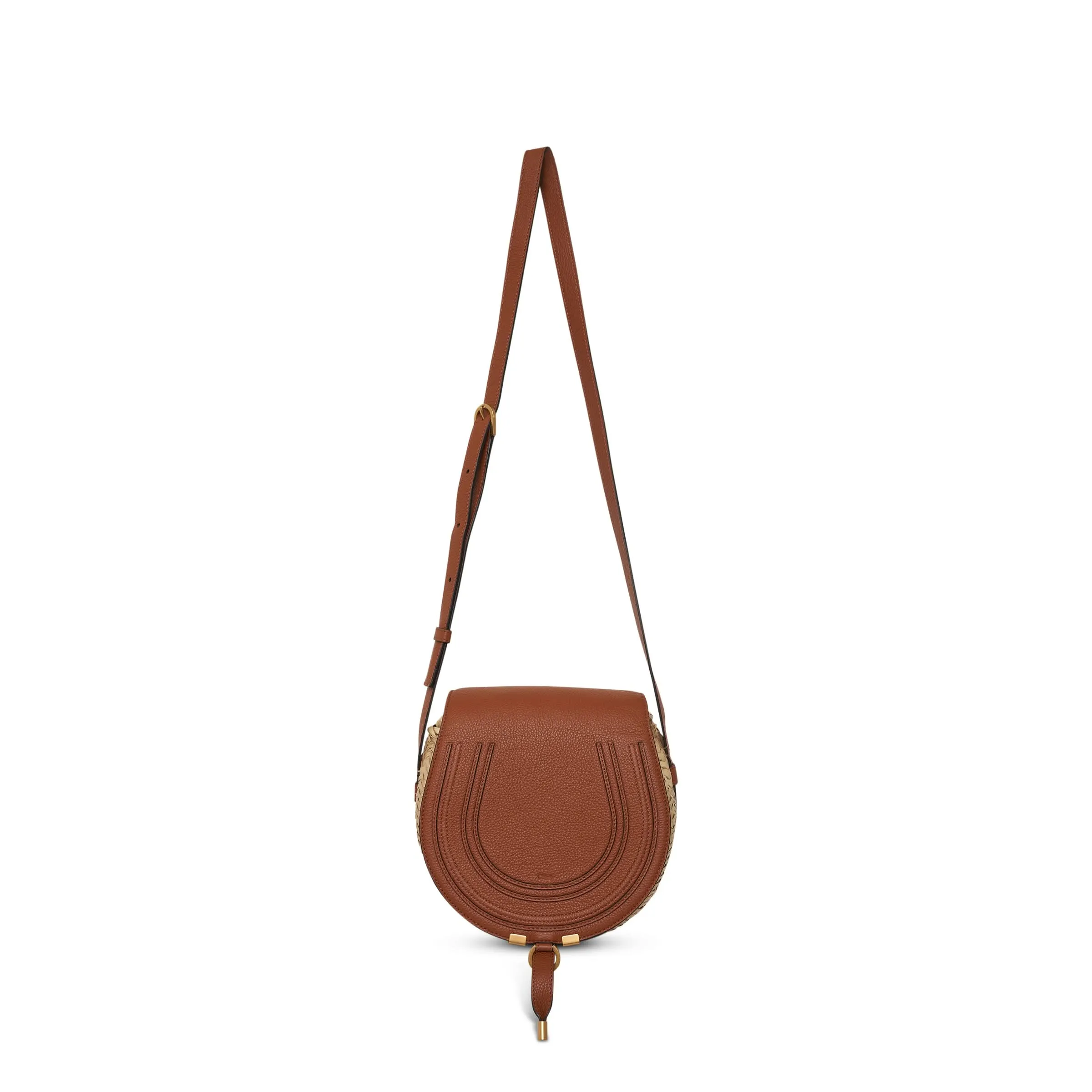 Mini Marcie Saddle Bag in Raffia & Calfskin in Tan