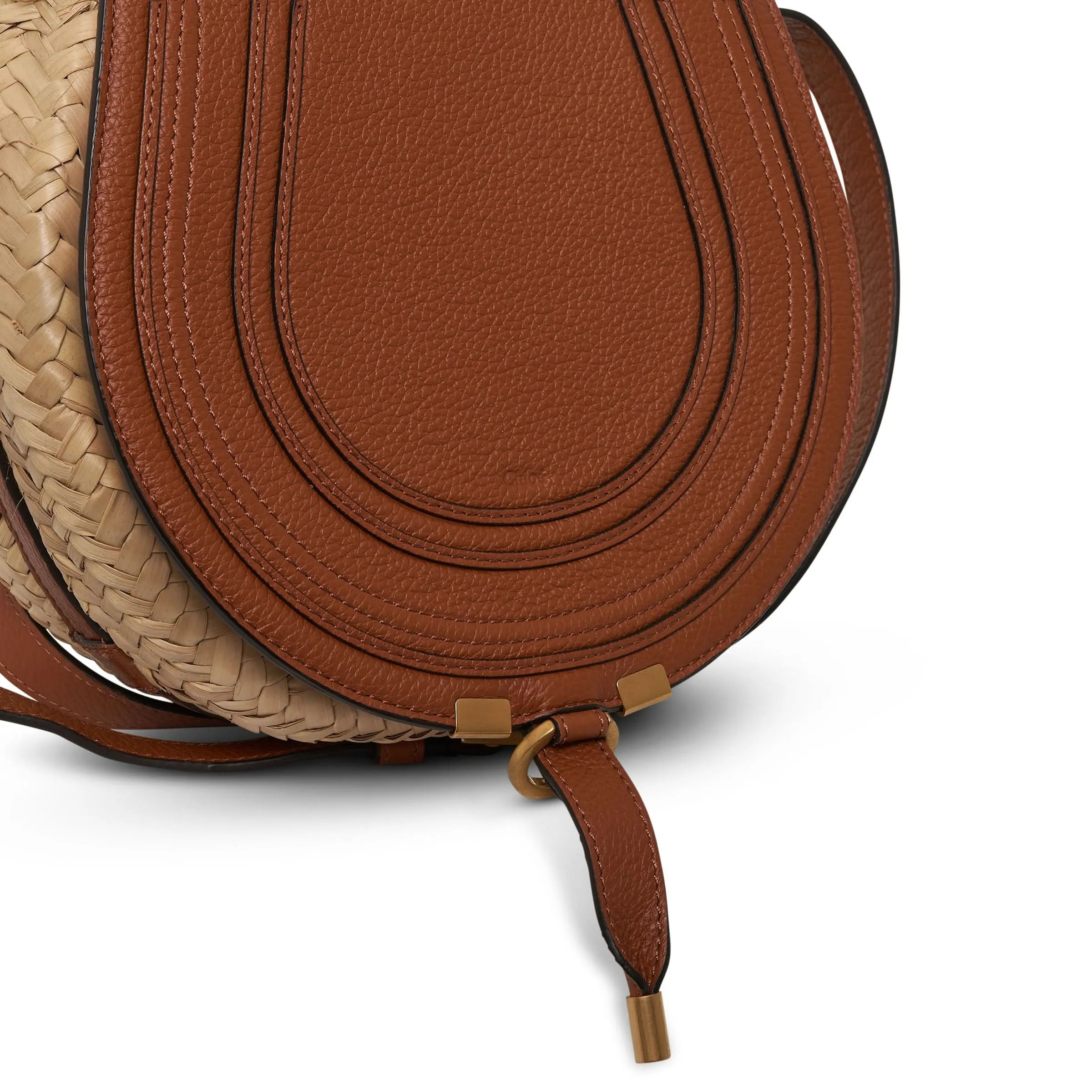 Mini Marcie Saddle Bag in Raffia & Calfskin in Tan