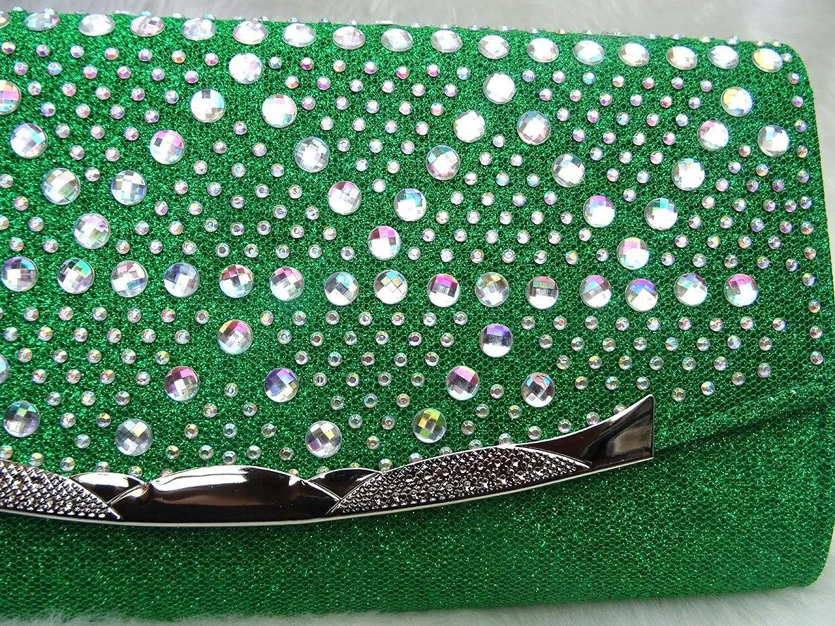 New Green Diamonte Envelope Clutch Bag Purse Womens Fashion Evening Party Clutch Bag Glitter Shimmer Style Handbag Wedding Prom Party