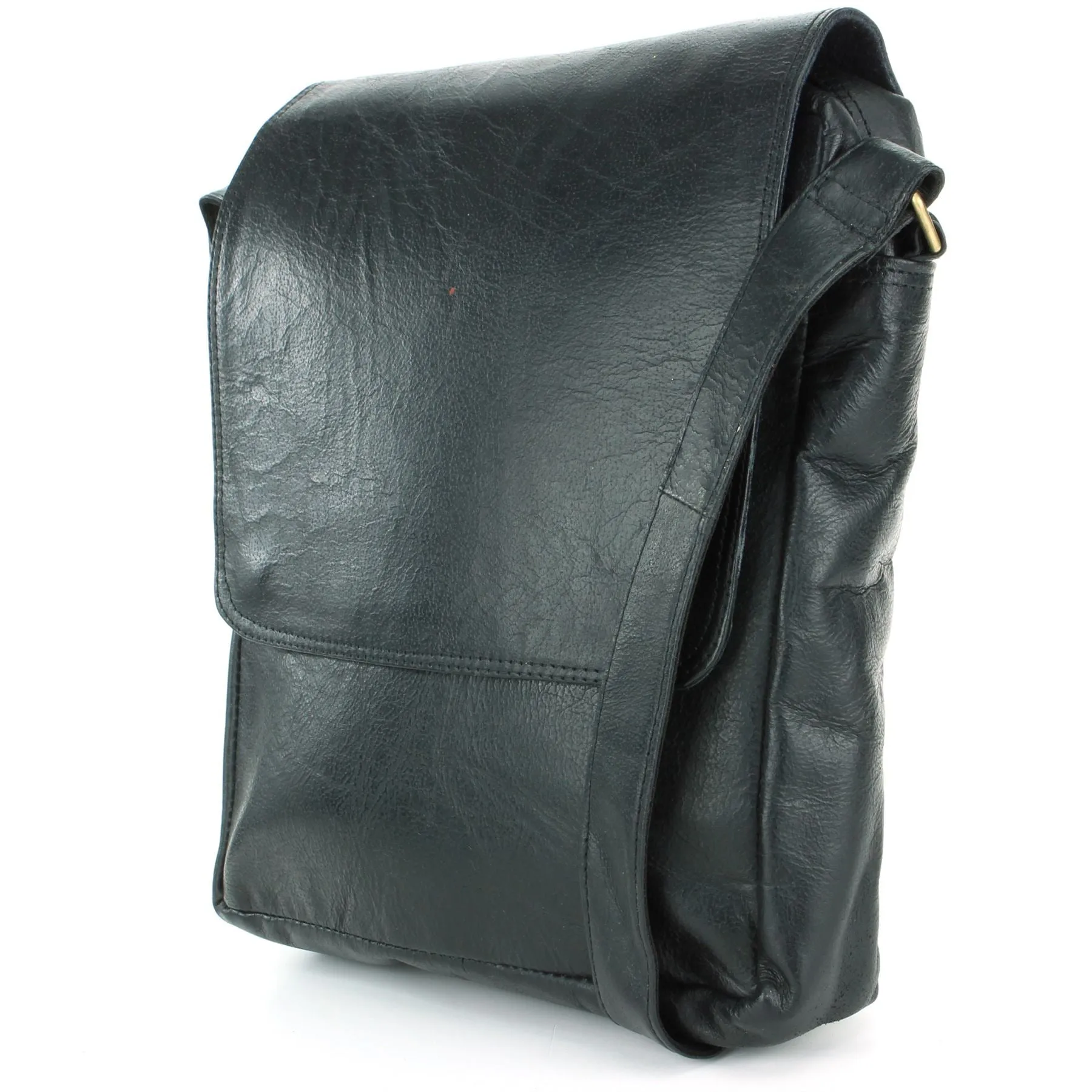 Real Leather Cross Body Messenger Shoulder Bag - Black