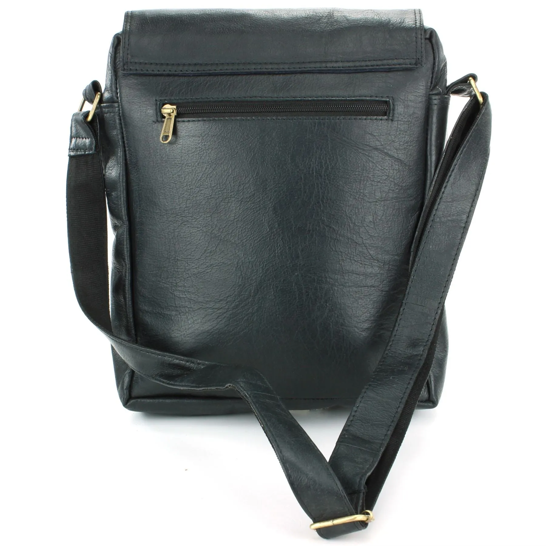 Real Leather Cross Body Messenger Shoulder Bag - Black