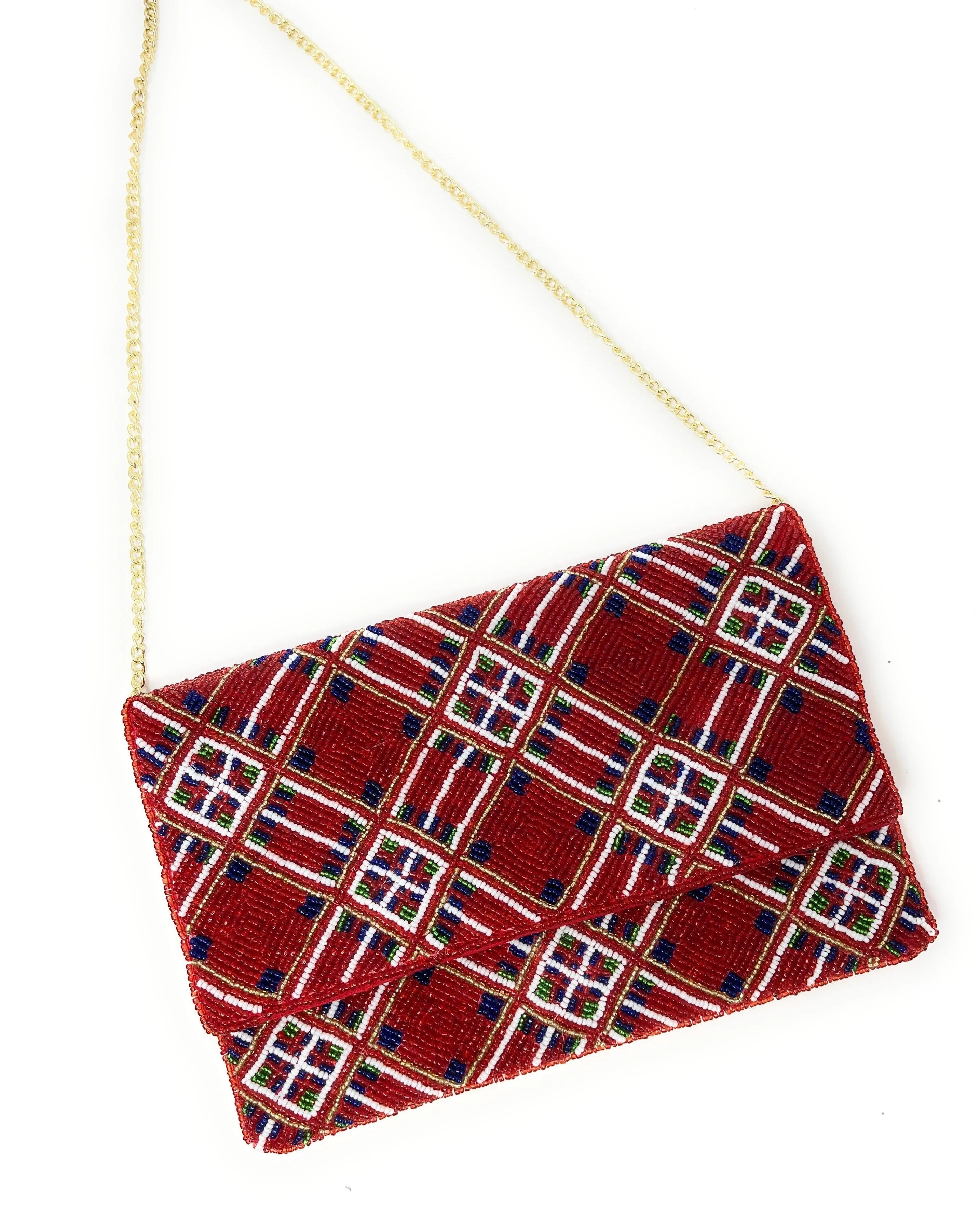 Red Tartan Beaded Clutch Purse