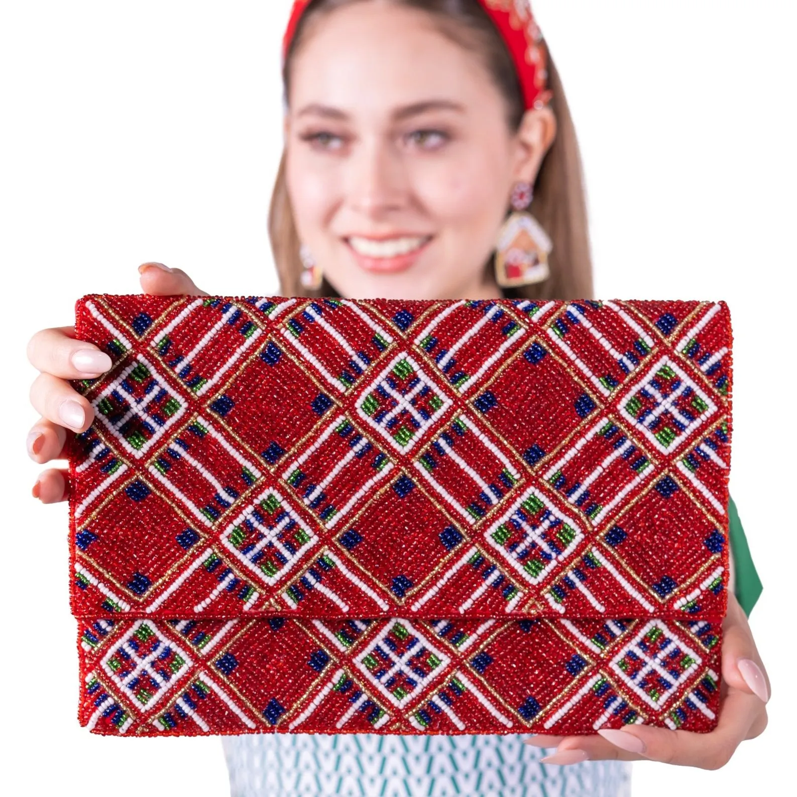 Red Tartan Beaded Clutch Purse