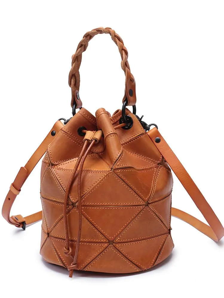 Stitching Leather Drawstring Bucket Bags