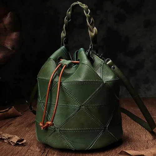 Stitching Leather Drawstring Bucket Bags