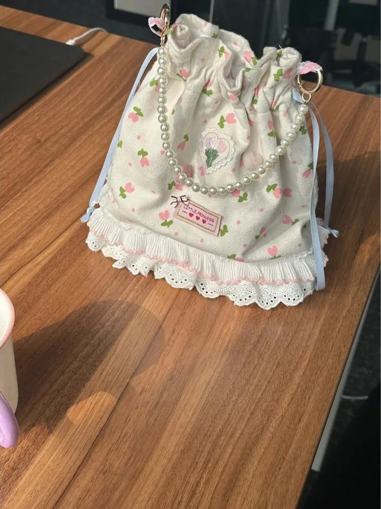 TAVIMART  -  Korean Sweet Lace Floral Pearl Drawstring Handbag Bags 2024 Women Commute Bucket  Bag