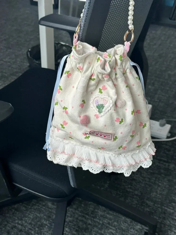 TAVIMART  -  Korean Sweet Lace Floral Pearl Drawstring Handbag Bags 2024 Women Commute Bucket  Bag