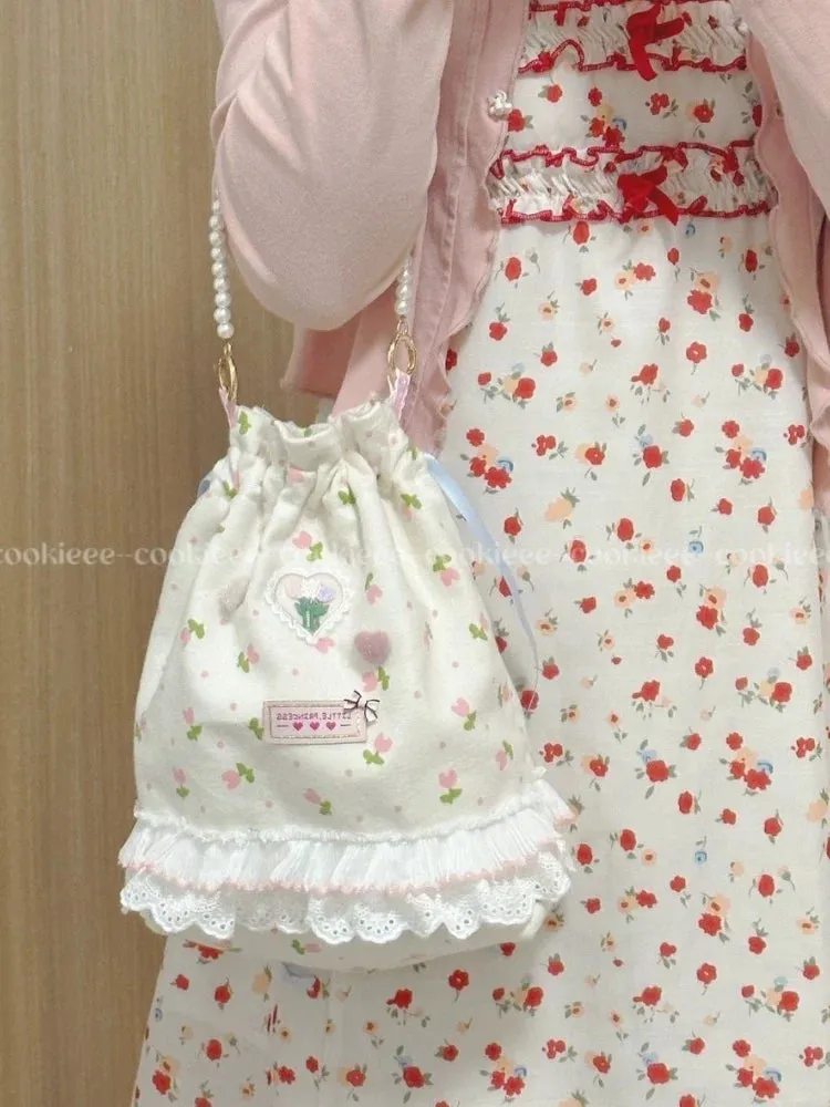 TAVIMART  -  Korean Sweet Lace Floral Pearl Drawstring Handbag Bags 2024 Women Commute Bucket  Bag