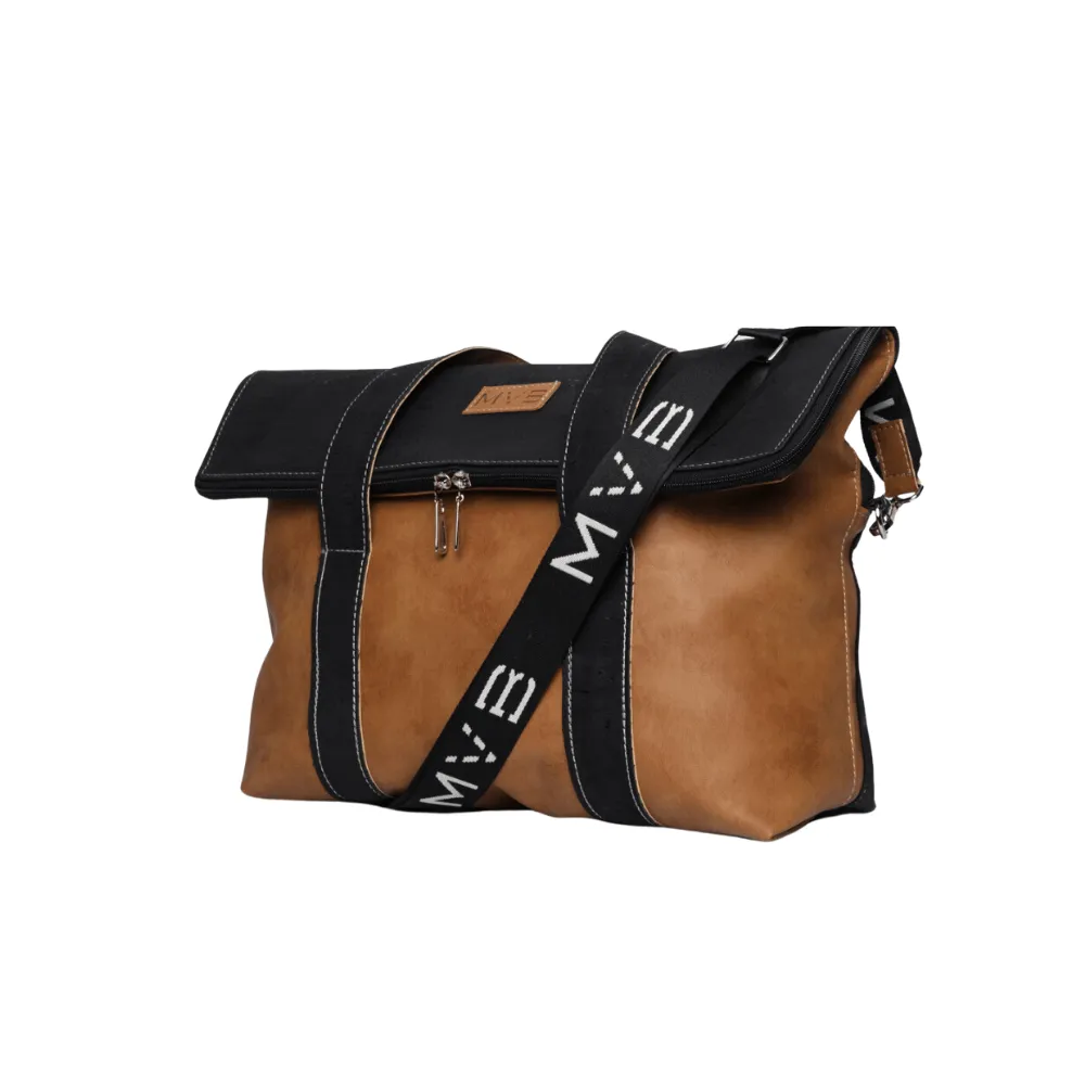 The Versa Flop Cork Vegan Messenger Bag | Black & Camel