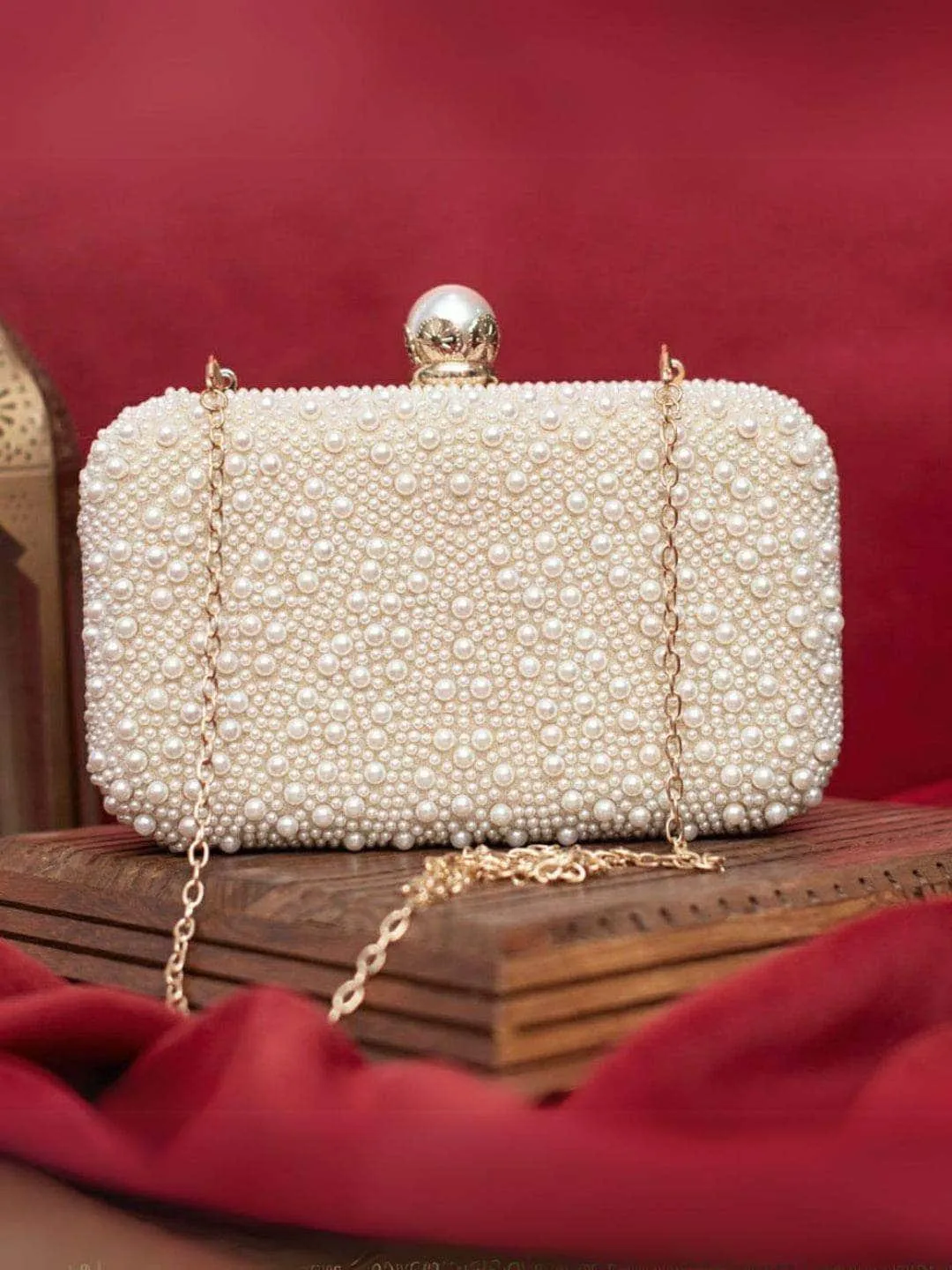 White Pearl Embellish Evening Clutch Bag