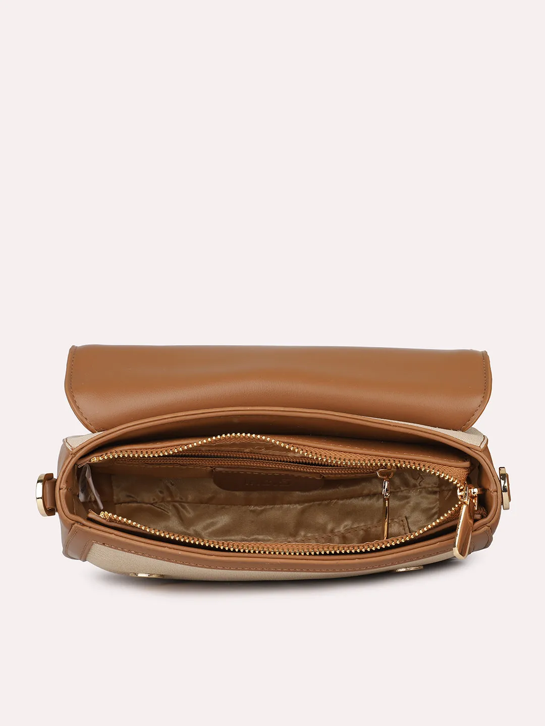 Women Tan Self Design Structured Sling Bag