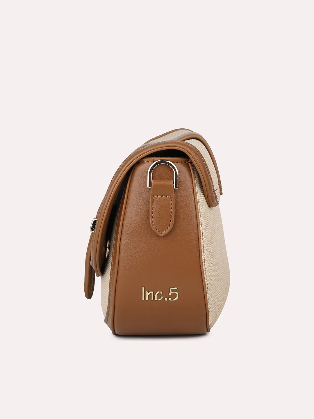 Women Tan Self Design Structured Sling Bag