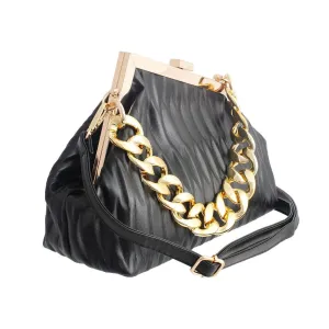 Women's Black Ribbed Angled Frame Clutch Bag