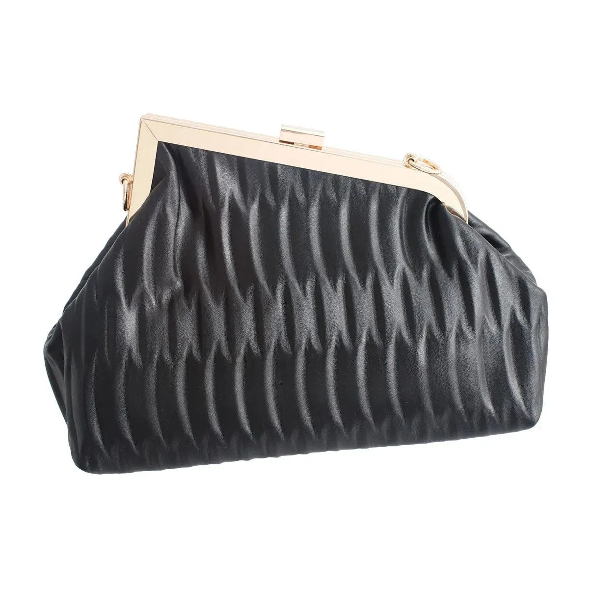 Women's Black Ribbed Angled Frame Clutch Bag